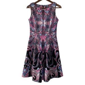 Roz & Ali Pink Blue Black Abstract Print Sleeveless Fit Flare Dress Size 4